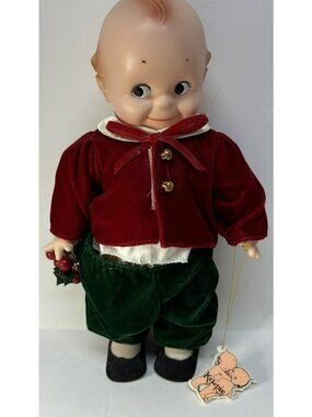 Vintage 15" Cameo Jesco KEWPIE Doll Christmas Outfit Red Green Velvet w/Ornament